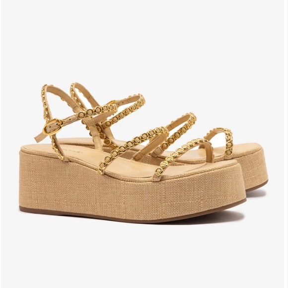 Larroude Gio Milanina Flatform Sandal in Beige Raffia - Picture 3 of 6